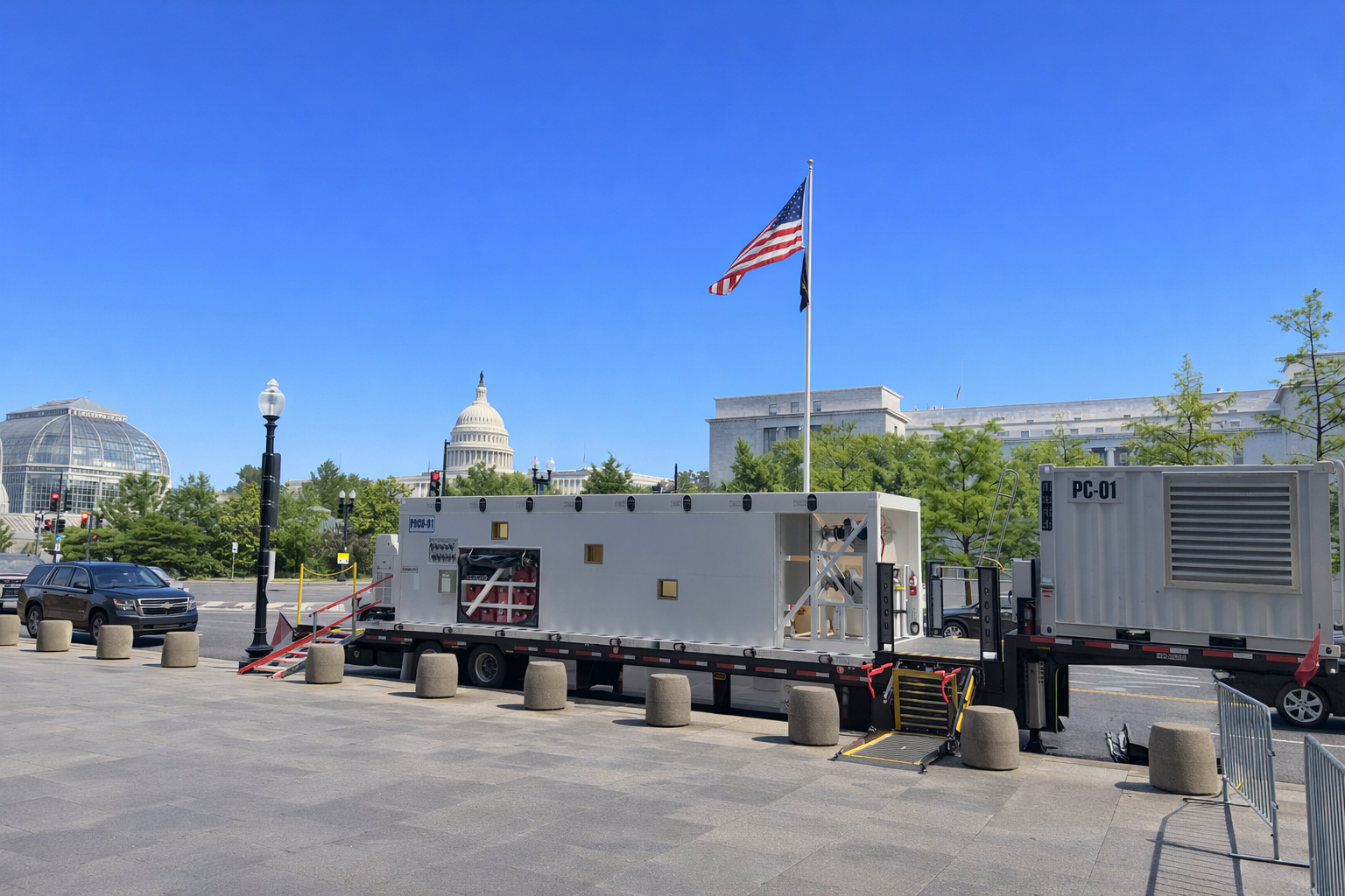 High-floor mobile MRI vehicle fitted with a PLS lift